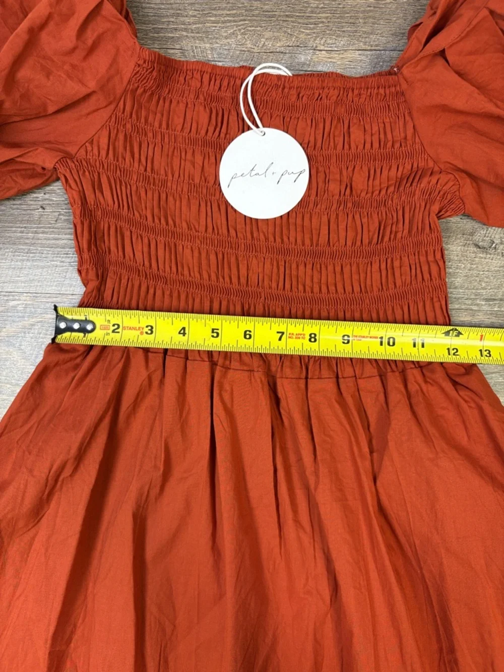 SOLD IN STORE Petal + Pup Smocked Puff Sleeve Midi Dress Rust Orange NWT Size US - Picture 11 of 13